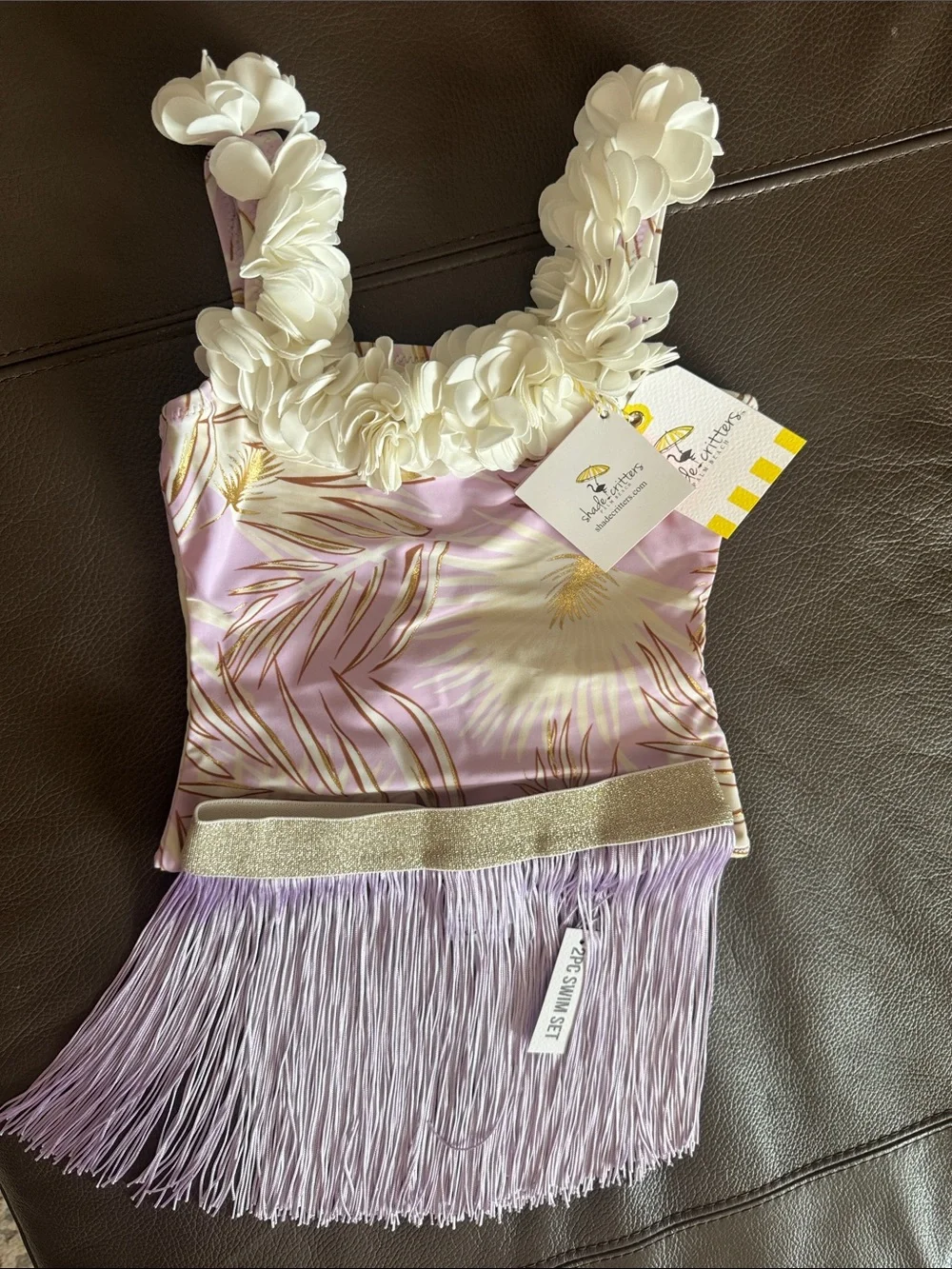 Sun & Sea Girls' Lilac Floral Fringe Swimsuit with White Floral Straps